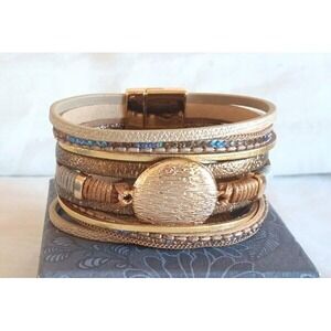 NIB Saachi Multi Strand Rhinestone Cuff Bracelet Goldtone New Magnetic